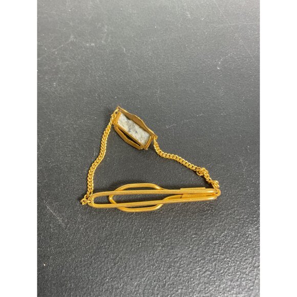 Vintage Mens Cufflinks & Tie Clip Set Gold Tone With Stone Inlay - Picture 4 of 4